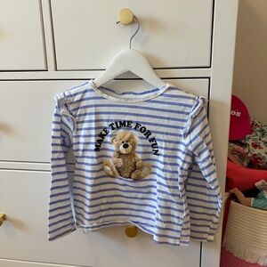 H&M Blue Striped Teddy Bear Graphic Tee Long Sleeved 5T